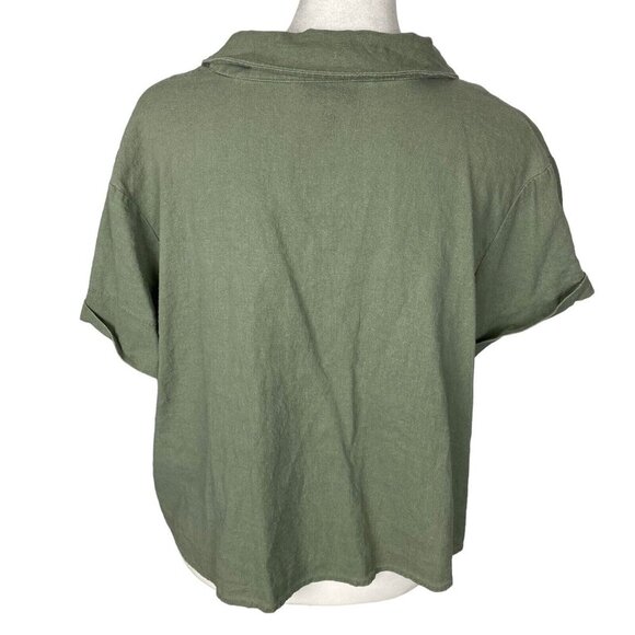 MODCLOTH Women Blouse Size L Green Linen Blend Crop Tie Button Front Casual - Picture 2 of 9